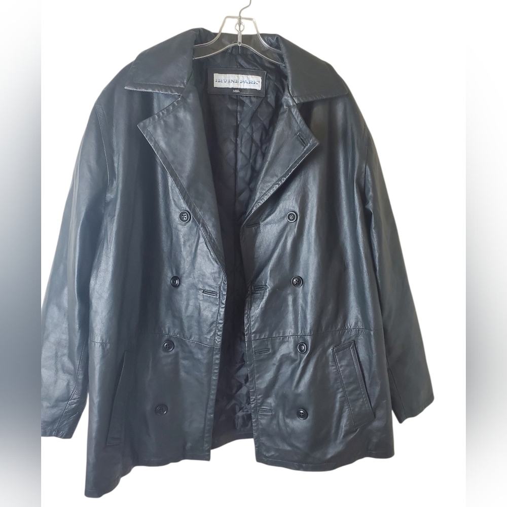 Irvine Park Size M 100% Polyester Women's Black Double-Breasted Leather Jacket - Picture 2 of 7